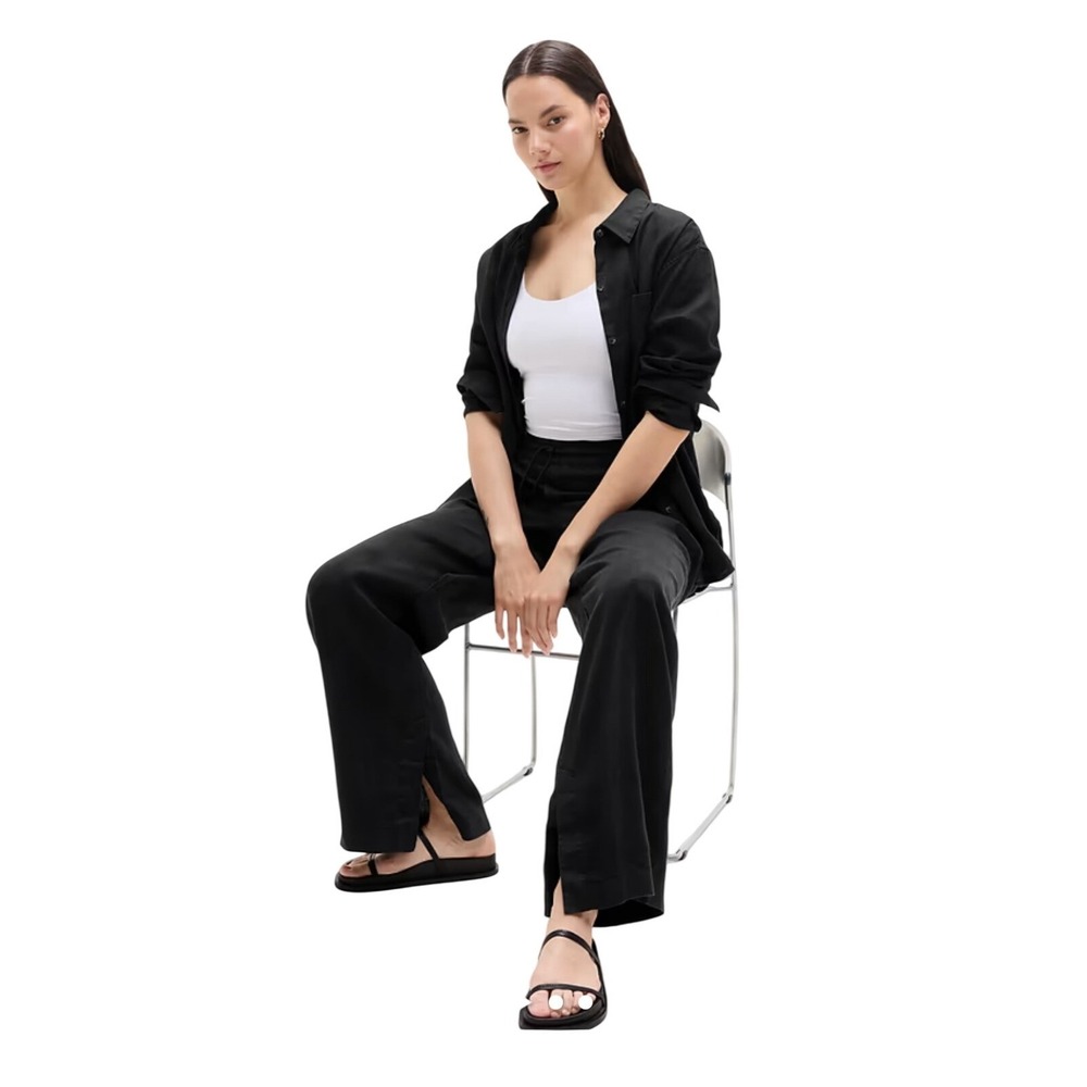 Athleta Linen Pants Womens L Retreat Wide Leg Black Relaxed Slit 851038-04 NEW